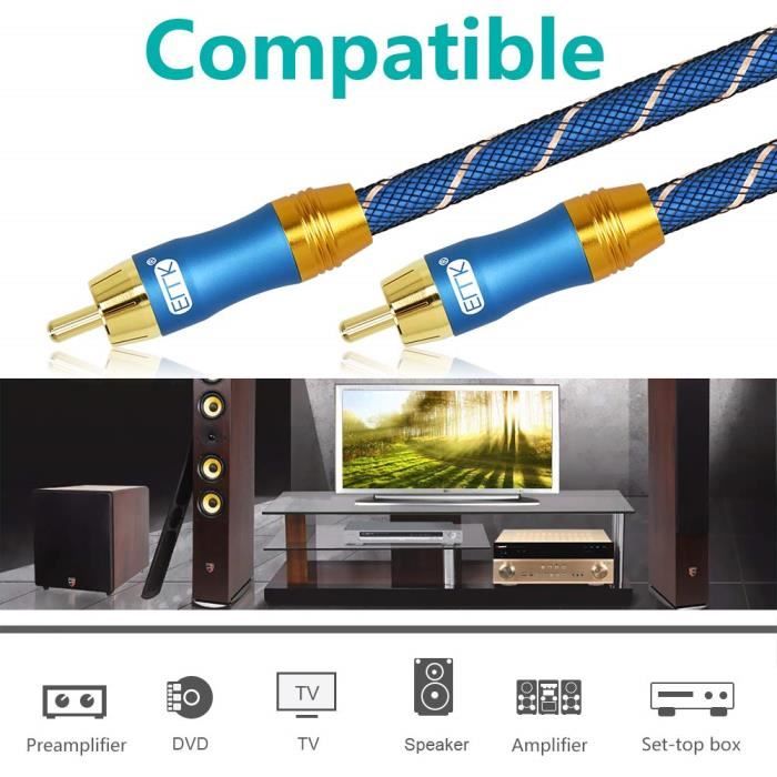 Câble Numérique Coaxial SPDIF RCA-RCA Cuivre Pur Plaqué Or 24K 2m