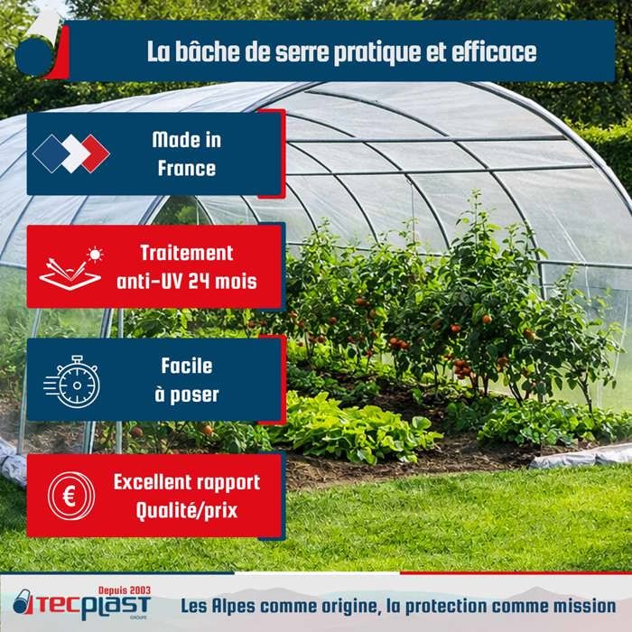 Bâche Serre TECPLAST 6x4m 200 Microns - Anti-UV, Made In France | Pour Culture Tomates, Potager