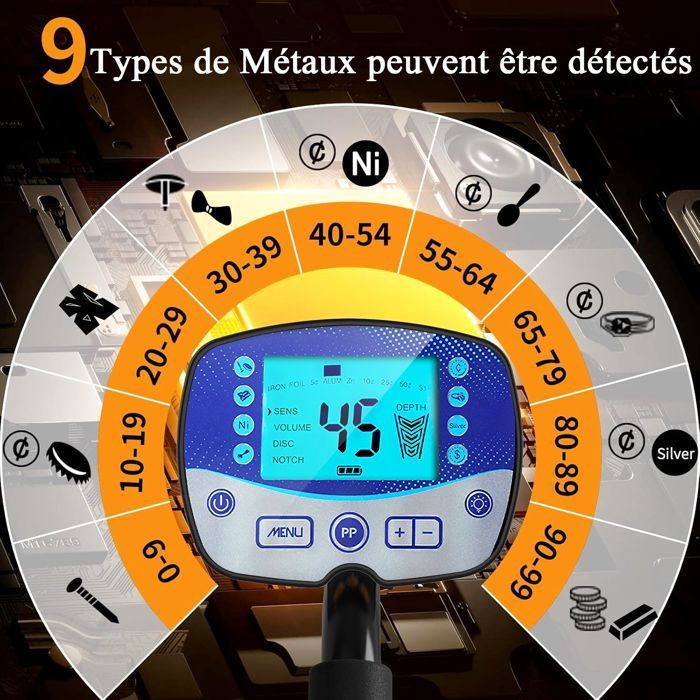 Détecteur De Métaux Professionnel Bobine Étanche IP68 - 4 Modes, 9 Types De Métaux, Profondeur 10 Pouces