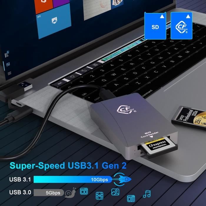 Lecteur De Carte CFexpress Type B USB 3.2 Gen2 - Vitesse 10 Gbit/s, Double Connecteur USB-C Et USB-A - Compatible Windows, Mac, Android - 2