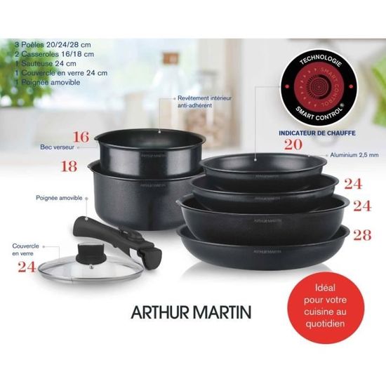 Batterie De Cuisine Arthur Martin 10 Pièces – 3 Casseroles (16, 18, 20 Cm) Et 3 Poêles (20, 24, 28 Cm) – Compatible Induction – Couleur Aubergine