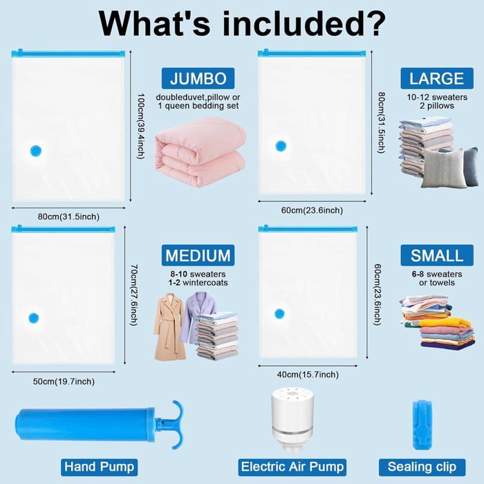 Kit 8 Sacs De Rangement Sous Vide 4 Tailles + Pompe Électrique | Pour Vêtements, Couettes Et Voyage | Gain De Place 80%