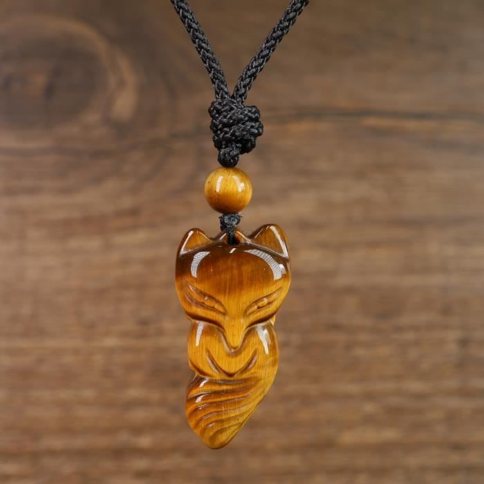 Collier Pendentif Renard En Pierre Naturelle COAI - Œil De Tigre, Cordon Ajustable 40-75cm - Homme/Femme