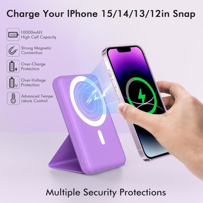 Batterie Externe Magnétique Mag-Safe 4 En 1 - Charge Rapide Pour IPhone Avec USB-C - Couleur Argent