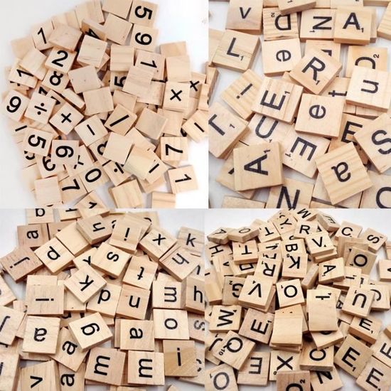 Pack 100 En Bois Scrabble Carreaux noir lettres capitales point numéros lisse