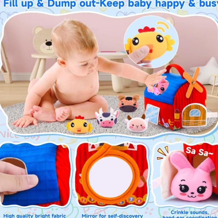 Jouet Bébé Animaux De La Ferme Montessori - 6 Mois Et Plus - 5 Peluches + étable - Hochets, Miroir, Textures - Développement Sensoriel Et Motricité