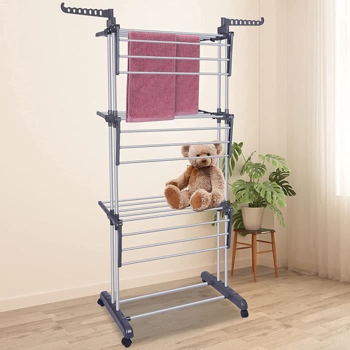 Étendoir à Linge Télescopique 138-238 Cm Avec 44 Crochets - Pliable, Grande Capacité, Antivent - Pour Balcon, Intérieur/Extérieur - 7