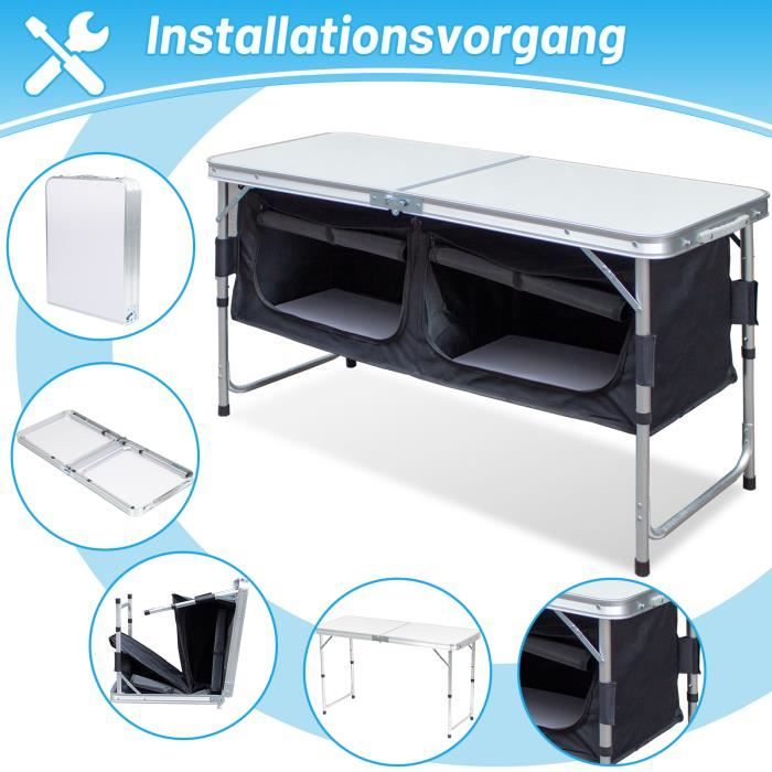 Izrielar Cuisine Camping Pliable Aluminium - Table Réglable 3 Hauteurs Rangement Extérieur