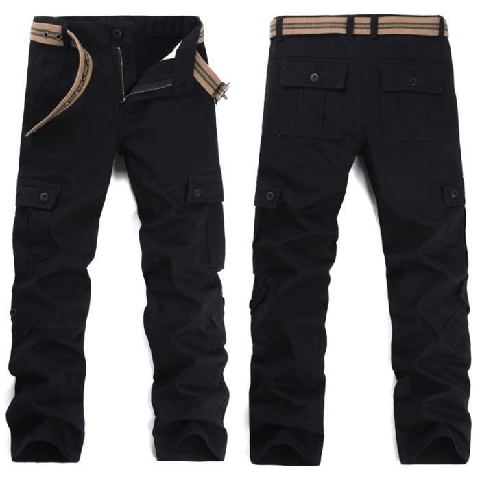 Pantalon Cargo Droit Homme - Coupe Tapered, 98% Coton, 2% Elasthanne, Noir Uni