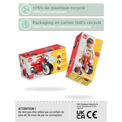 FALK Draisienne Moto Premier Rossa - Con Ruote Silenziose, Look Vintage, 75% Plastica Riciclata - Made In France - Da 12 Mesi