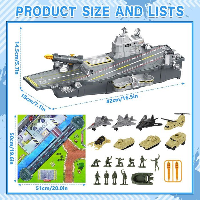 DeAO Porte-avions Jouet Réaliste 85 Cm – 26 Pièces Dont Soldats, Avions, Sous-marin Et Camion – Kit Militaire Pour Enfant Dès 4 Ans