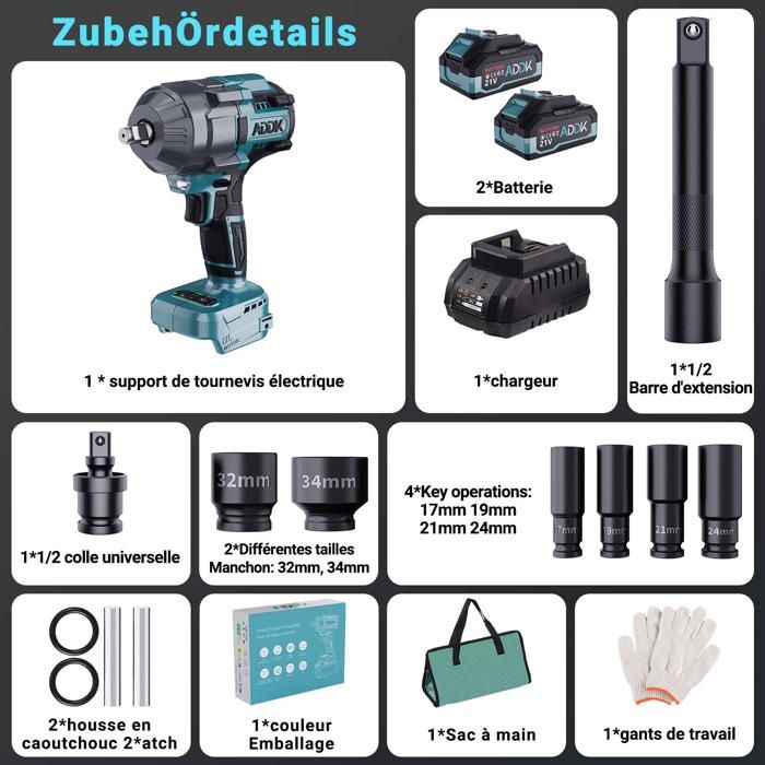 Yofuly Clé à Chocs Sans Fil 1100 Nm 21V – 2×4,0Ah + 5 Douilles + Rallonge – Compatible Makita 18V/21V