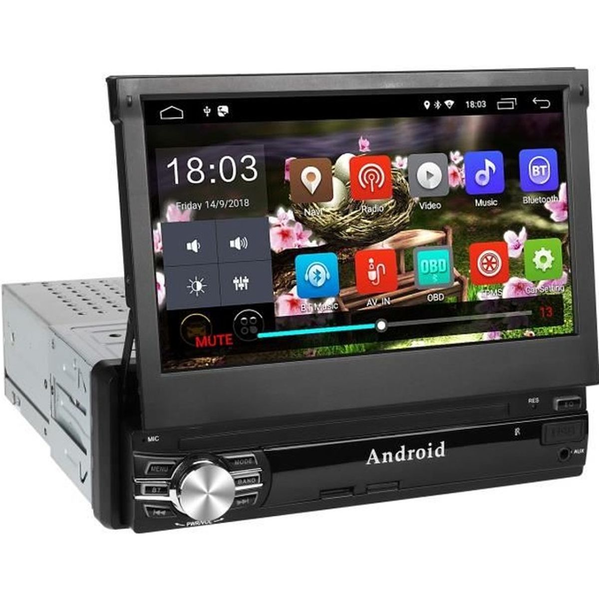 Autoradio GPS 1Din 7'' Écran Android 6.0 Auto Rétractable Tactile Radio