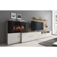 Skraut Home - Meuble de salon avec cheminée électrique à 5 niveaux de flamme, finition Blanc mat/chêne clair brossé, 290x170x45cm