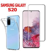 Pour Samsung Galaxy S20- S20 5G 6.2": Coque silicone gel UltraSlim - TRANSPARENT + 1 Film VERRE Trempé Incurvé - NOIR