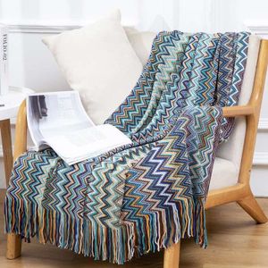 JETÉE DE LIT - BOUTIS Couverture tricotée colorée bohème avec glands, couverture de sieste, couverture décorative de bout de lit, 130x180cm - Bleu