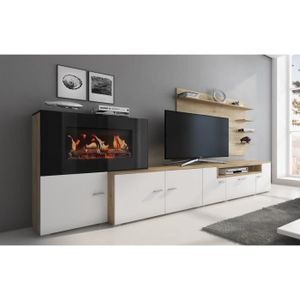 CHEMINÉE Skraut Home - Meuble de salon avec cheminée électrique à 5 niveaux de flamme, finition Blanc mat/chêne clair brossé, 290x170x45cm
