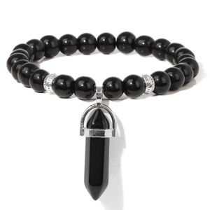 BRACELET - GOURMETTE 19 cm - Agate noire - Bracelet avec pendentif en p