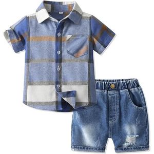 Ensemble de vêtements Ensembles de Vêtement d'été pour Bébé Garçons, Carreaux Chemise Bleu Short Jeans 2 Pièces Denim Bleu