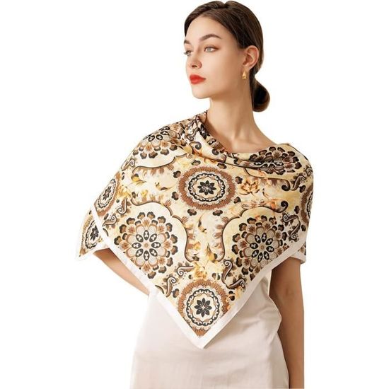 Foulard Carré En Soie - Motif Fleur Café Herbe Sur Fond Blanc - Femme, Neuf Sans étiquette