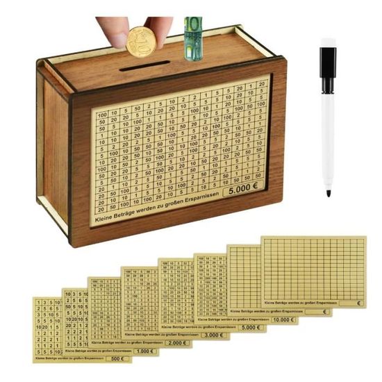 Tirelire En Bois, 5000€ Tirelire Avec Marqueur Et Autocollants, Tirelire Réutilisable Avec Objectifs Chiffres D'épargne, TIRELIRE - Maison