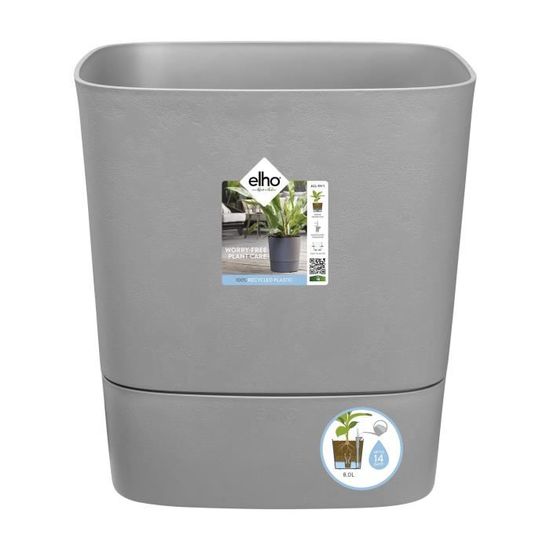 Pot de fleurs ELHO - Greensense Aqua Care Carré 38 - Ciment Clair - Intérieur/extérieur - Ø 38 x H 38.9 cm