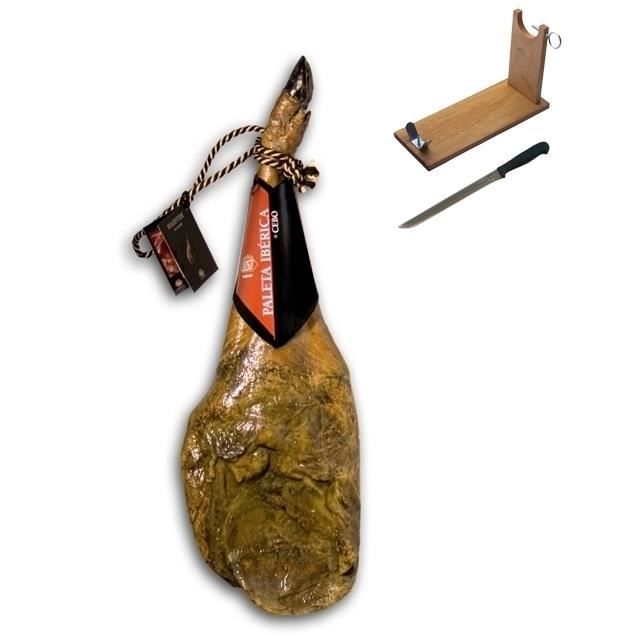 Jambon pata negra iberique (Epaule) nourri en paturages certifiee Revisan + porte jambon + couteau