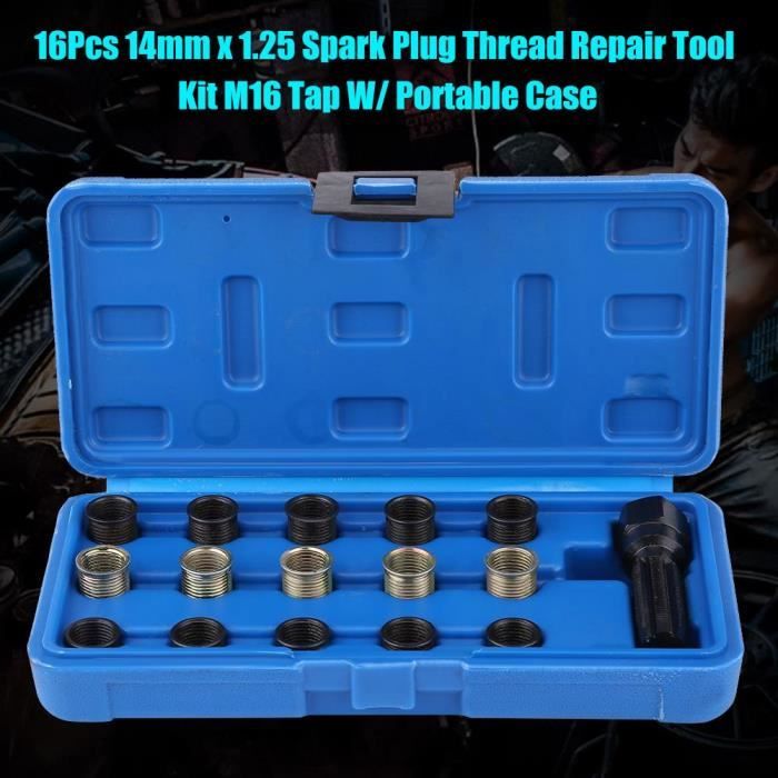 16pcs 14mm x 1.25 kit d'outil de réparation de filetage de bougie d'allumage, taraud M16 avec boîtier portable