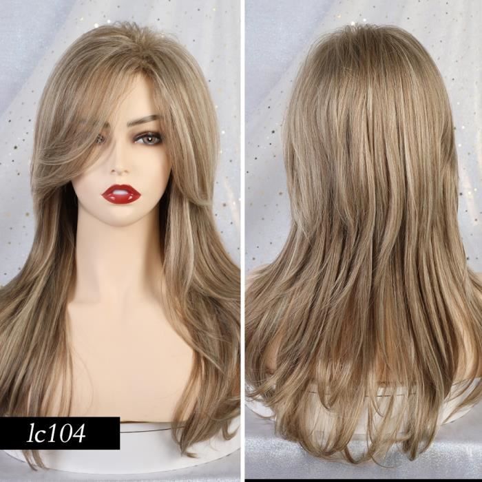 Blonde licorne synthétique longue soyeuse cheveux raides racine sombre Ombre brun clair perruques avec frange soignée - Type lc104