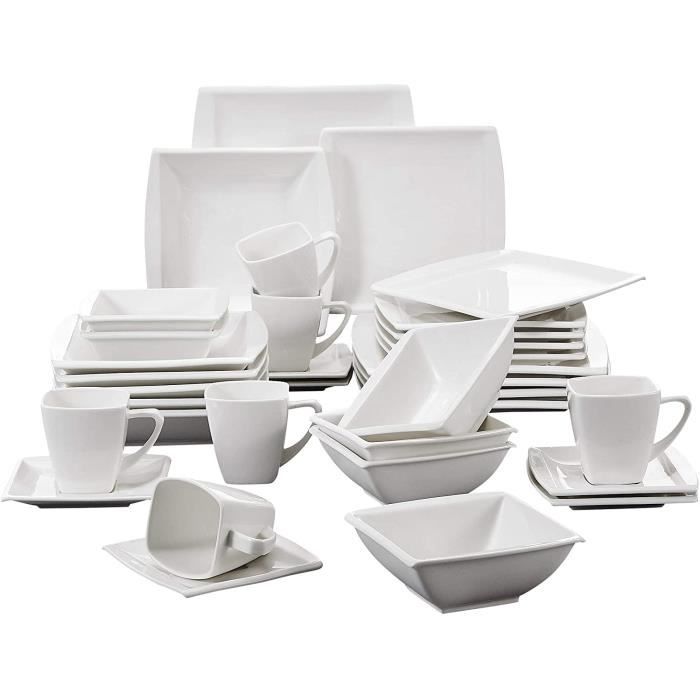 Malacasa Blance 42pcs Service de Table Services à Café 6pcs x Assiette à Dessert Creuse Plate Tasses Soucoupes Bol Coquetier