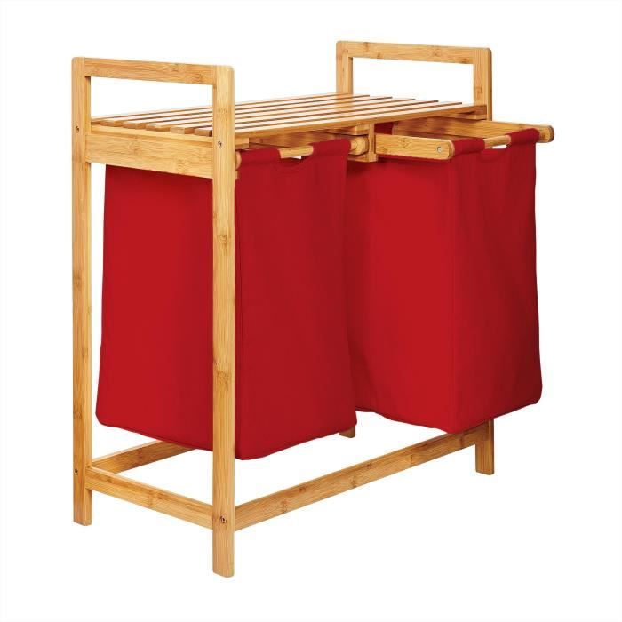 Lumaland Panier à Linge en Bambou 73 x 64 x 33 cm - 2 Poches Amovibles - Rouge - Corbeille de Rangement