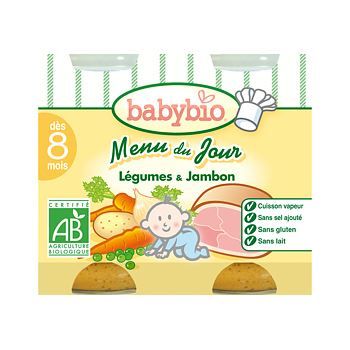Babybio - Petit Pot Bébé Pomme de terre Petits pois Jambon - Bio - 2x200g - Dès 8 mois