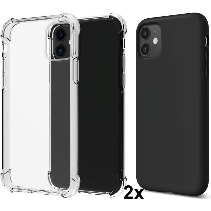 lot 2x coque iphone 11 Anti-chocs bords renforcés en silicone noir transparente