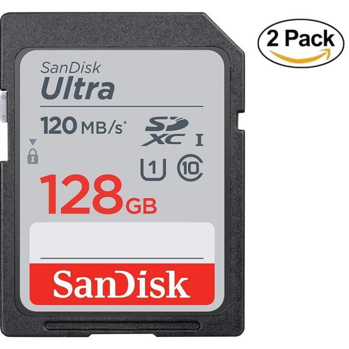 2pcs Carte Mémoire SDXC SanDisk Ultra 128 Go jusqu'à 120 Mo/s classe 10 UHS-I