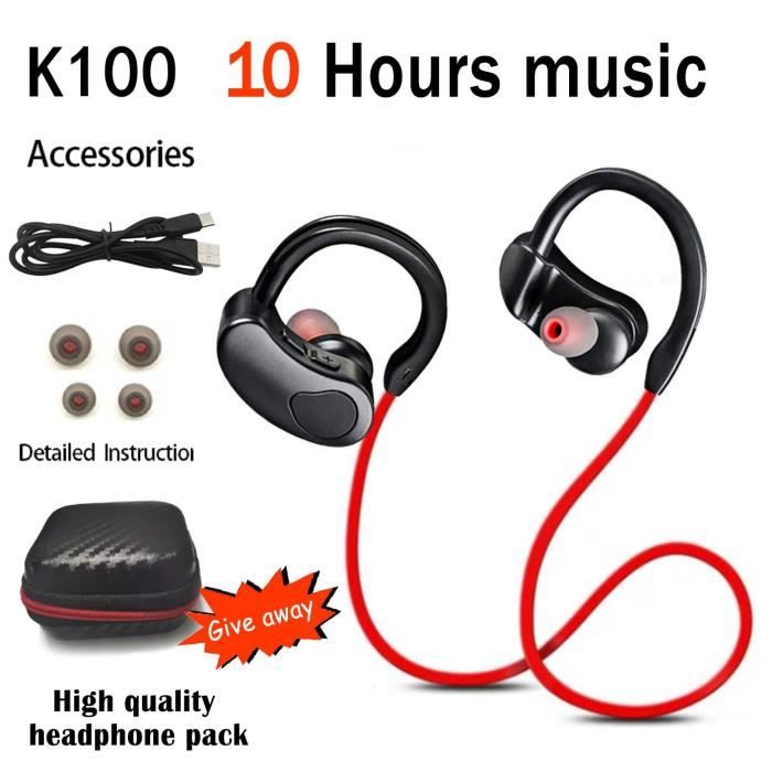 K100-Red -Écouteurs sans fil Bluetooth,oreillettes basses résistantes à la sueur,casque d'écoute stéréo avec micro pour téléphone