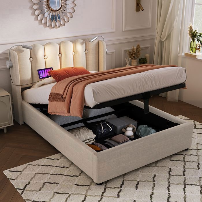 Lit coffre Lit 90x200 cm Lit simple avec lumière de lecture et fonction de chargement Espace de rangement Naturel Lit coffre Lit 90x200 cm Lit simple avec lumière de lecture et fonction de chargement Espace de rangement Naturel