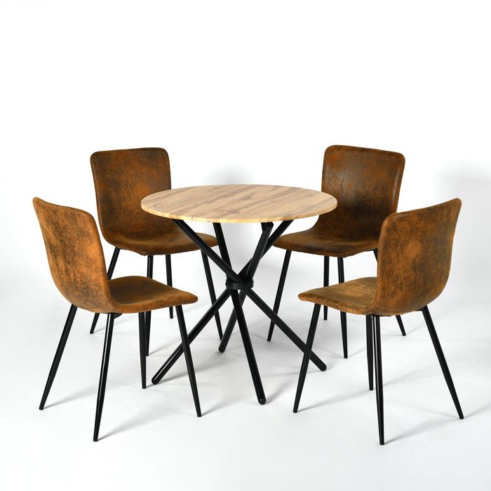 URBAN MEUBLE Ensemble Table Vintage Bois Ronde – 4 Chaises Retro Tissu Usé Design Rustique pour Cuisine/Salon