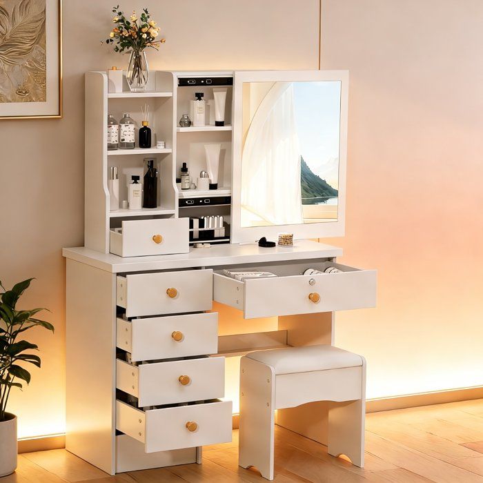Coiffeuse avec Miroir et Tabouret - 6 Tiroirs 6 Étagères - Miroir coulissant - Tabouret coussiné - 80x37x122cm