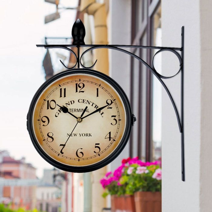 Horloge Murale Double Face Style Gare Rétro - Fer Noir, 21.8x21.8cm - Pour Intérieur/Extérieur, Jardin, Salon