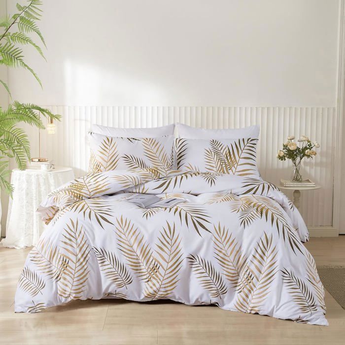 Housse de Couette 140x200 Feuilles de Palmier Tropicales Or et Blanc Parure de Lit Adulte - Linge de Lit avec Taie doreiller 65x65