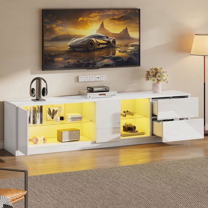 Lemonbest Meuble TV blanc avec éclairage LED 160 x 40 x 52 cm Meuble tv bas moderne avec 2 tiroirs et 1 armoire pour 65 TV
