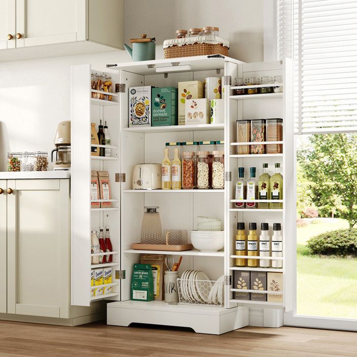 Buffet haut 60x35x128.5 cm avec LED et 2 portes battantes Buffet de cuisine avec étagères réglables Buffet salle a manger en