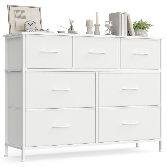 SONGMICS Commode 7 Tiroirs Meuble de Rangement pour Chambre Acier Panneau MDF Tissu Non-tissé Blanc Nuage et Blanc Neige