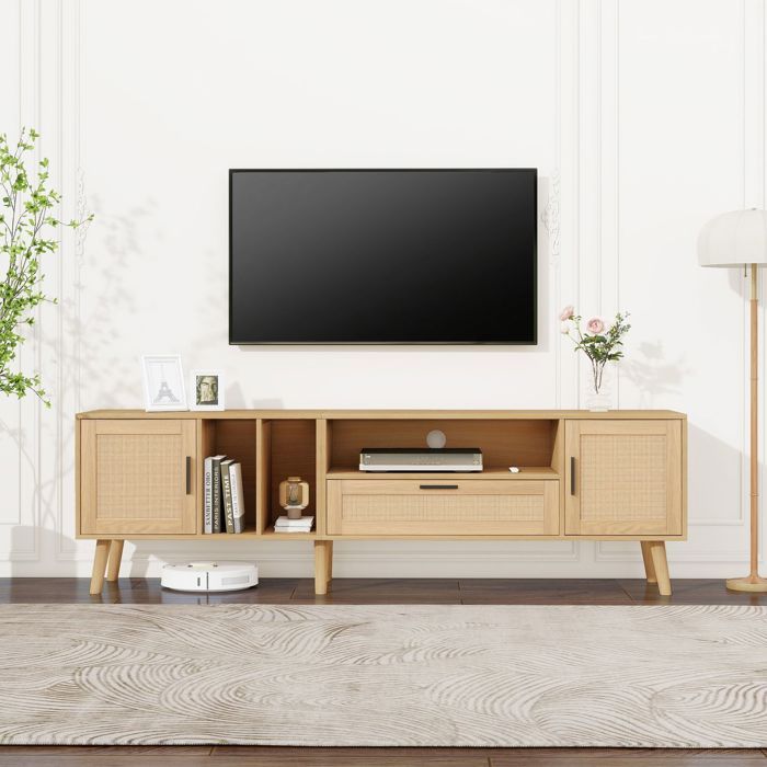 Meuble TV - SOGEU - Rattan - 180 cm - 2 portes & 1 tiroir - Rotin PE & pieds bois massif