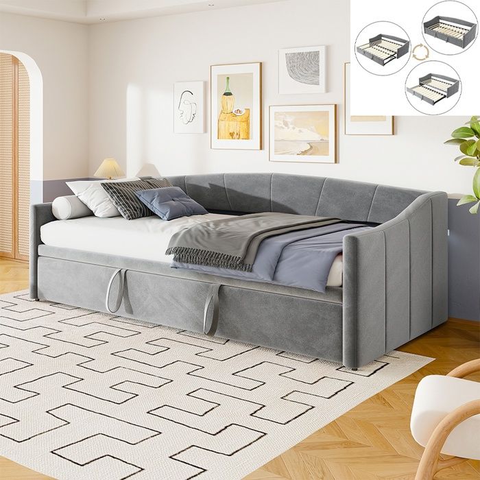 Lit Gigogne 90/140x200cm Lit Capitonné Canapé Extensible avec Sommiers à Lattes Style Scandinave en Velours Gris