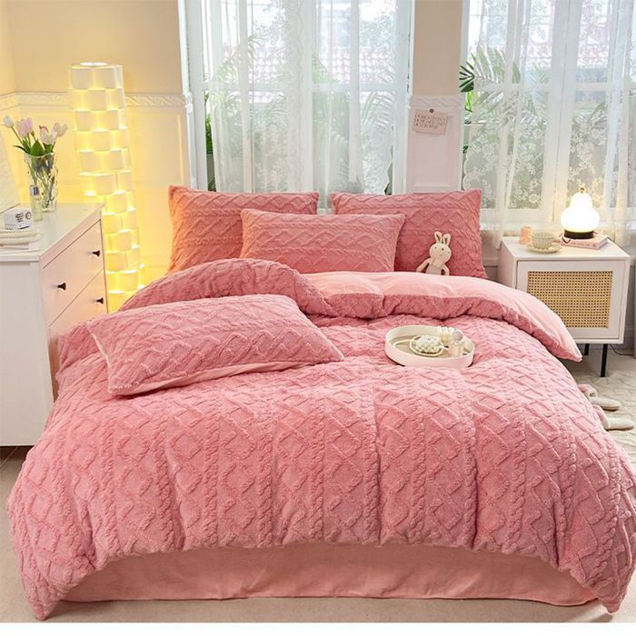 Housse de Couette Flanelle 220x240 cm Parure de Lit en Polaire Chaud Hiver Comprend un drap et 2 taies doreiller Rose
