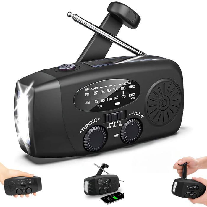 Radio solaire - KCVV - Kit de survie - 2000 mAh - AM/FM/WB (NOAA) - Lampe torche LED SOS