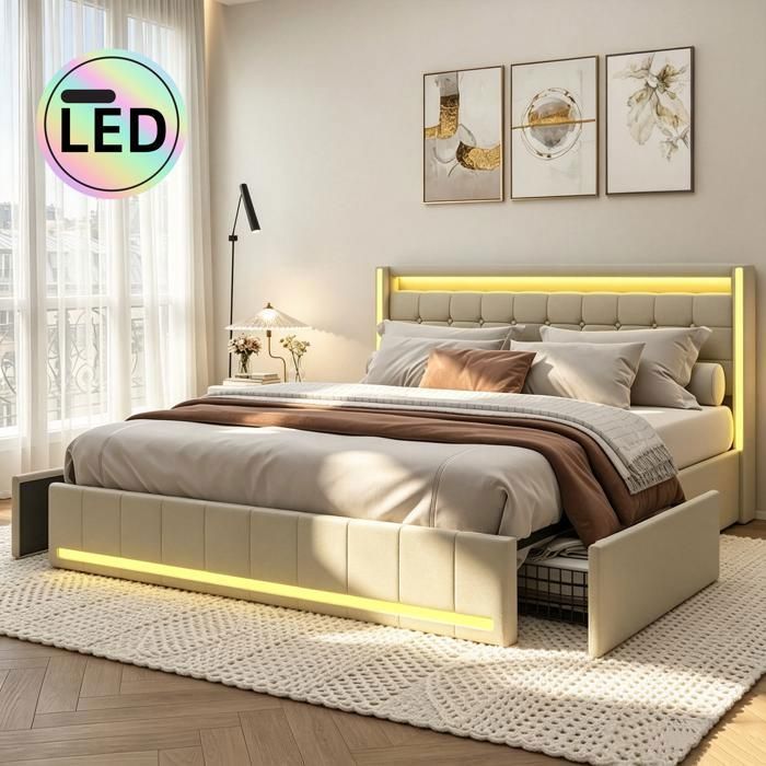 Lit Beige 160x200 avec Sommier Lit Adulte avec LED USB & Rangement Lit 2 Personnes avec 4 Tiroirs Lit avec Sommier à Lattes Lin