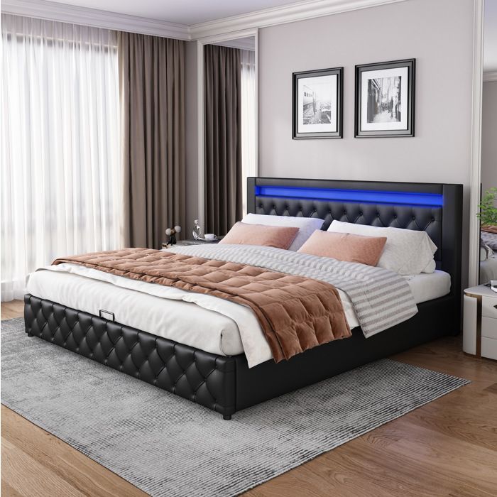MEUBLIV Lit capitonné adulte 160x200cm avec éclairage LED et sommier à lattes PU noir
