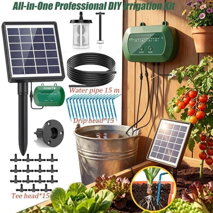 ANSETO Arrosage Automatique Solaire–Tuyau 15m Goutte à Goutte–Programmateur – Idéal Vacances & Jardin – Jusqu’à 70% d’Eau Économisée